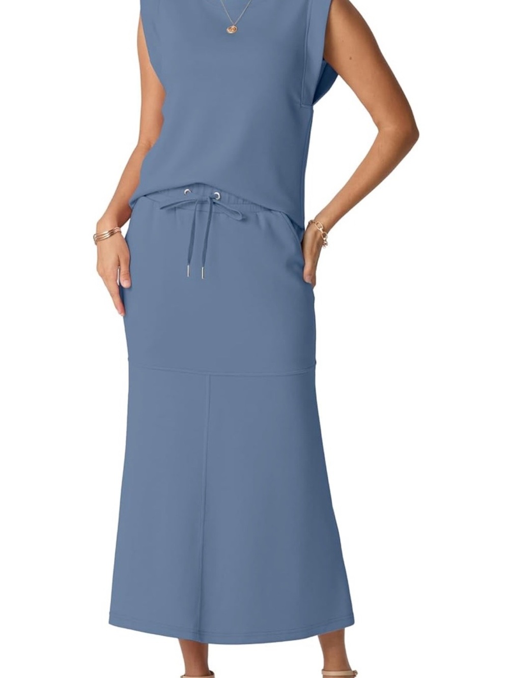 Sleeveless two piece skirt set in Dusty Blue
